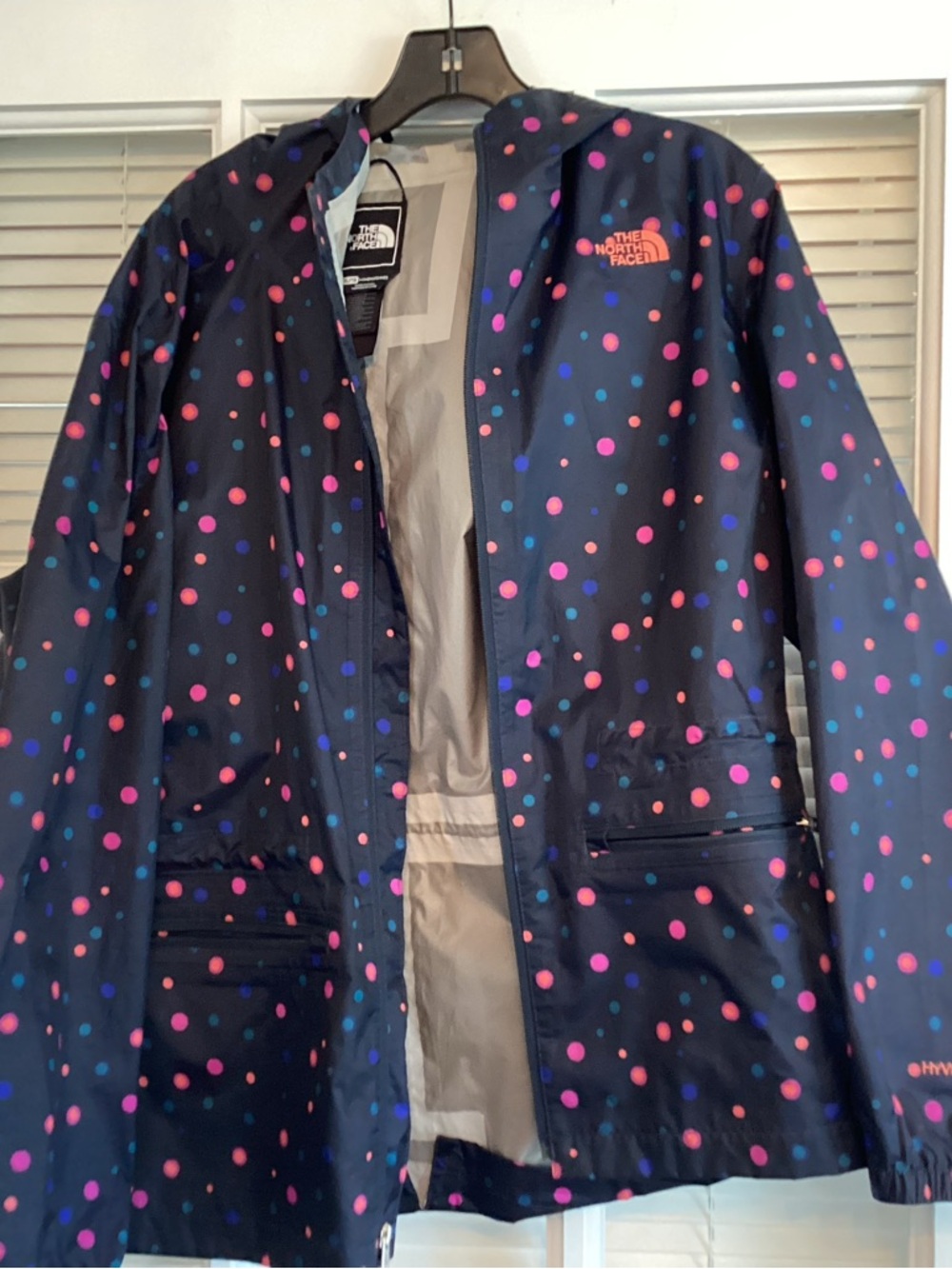 The North Face Navy Raincoat with Pink & Purple Polka Dots